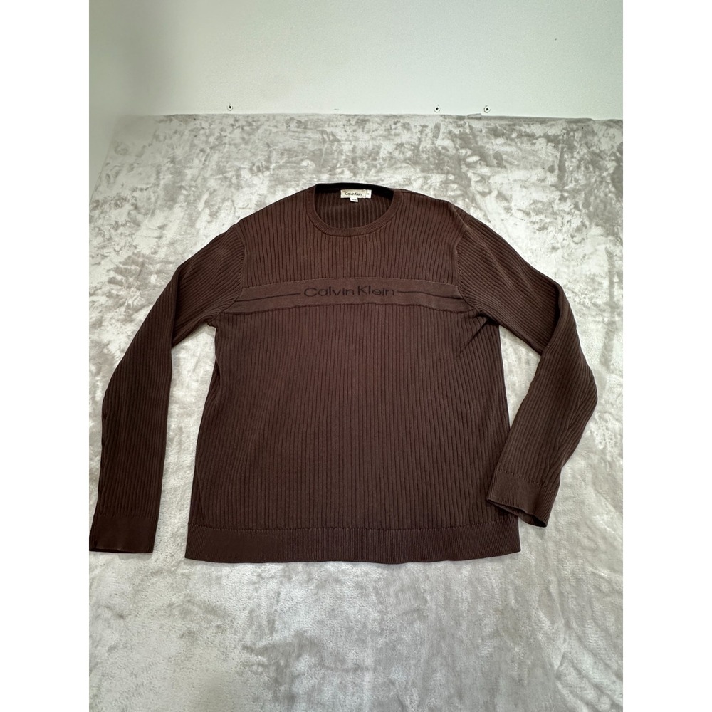 Calvin‎ Klein Brown Ribbed Knit Cotton Sweater Mens Size M Long Sleeve Pullover